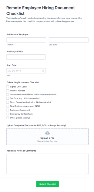 Remote Employee Hiring Document Checklist Form Template