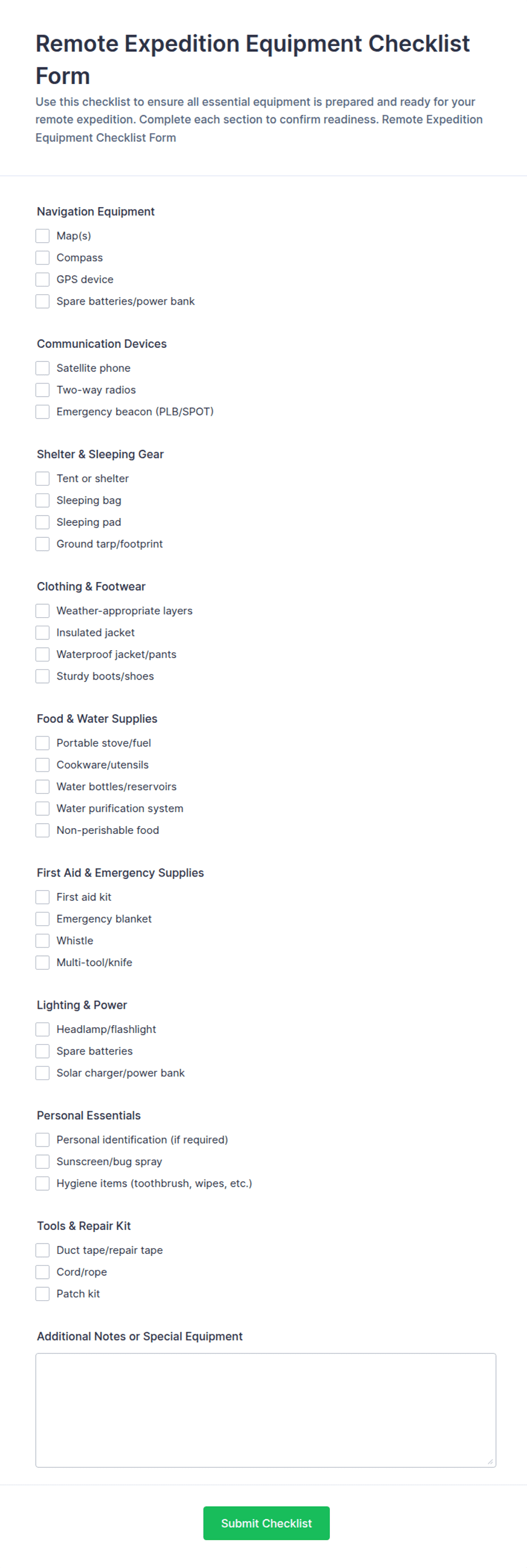 Remote Job Work Agreement Sample Remote Expedition Equipment Checklist Form Template | Jotform