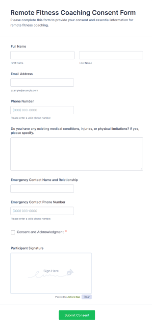 Remote Fitness Coaching Consent Form Template