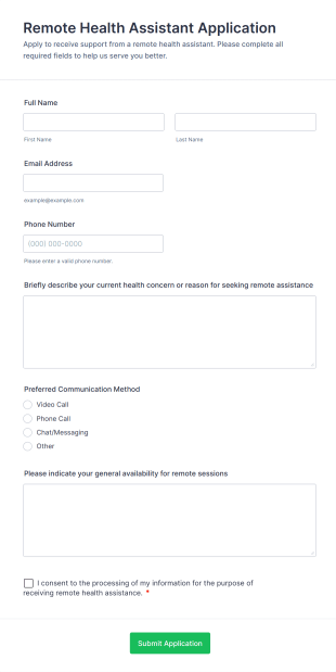 Remote Health Assistant Application Form Template