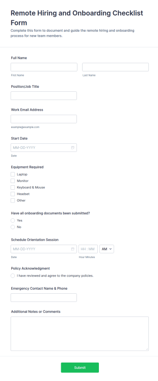 Remote Hiring And Onboarding Checklist Form Template