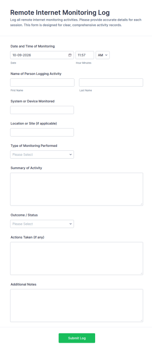 Remote Internet Monitoring Log Form Template