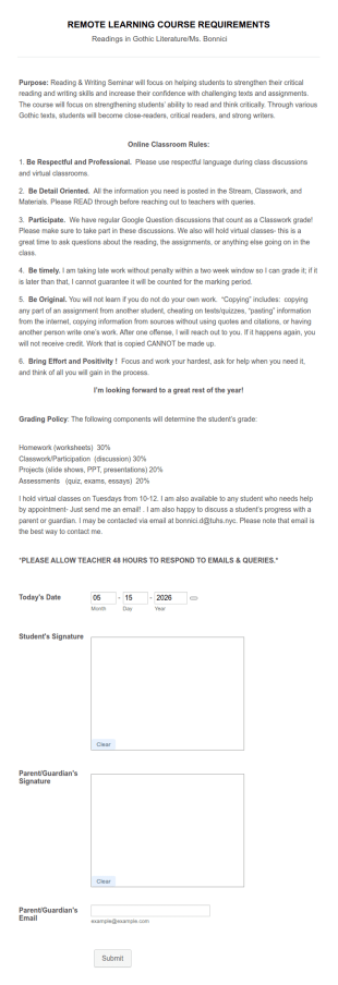 Remote Learning Course Contract Form Template