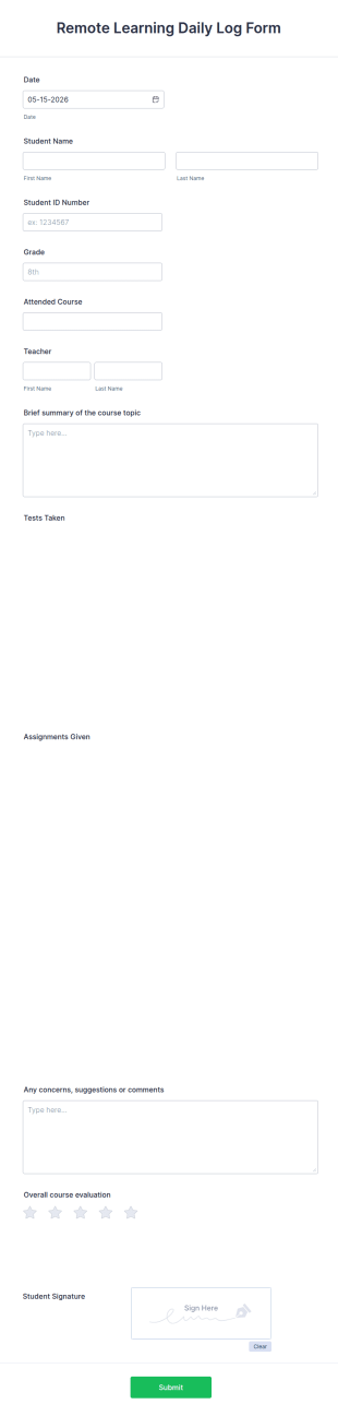 Remote Learning Daily Log Form Template