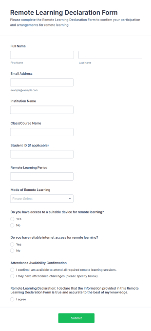 Remote Learning Declaration Form Template