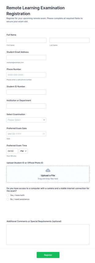 Remote Learning Examination Registration Form Template