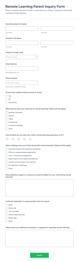 Remote Learning Parent Inquiry Form Template