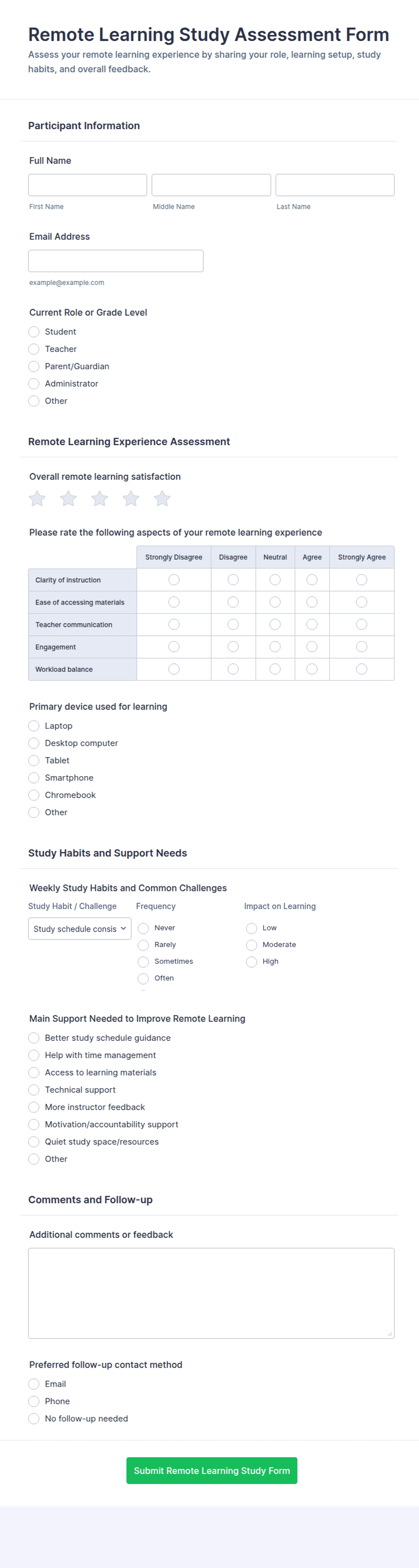 Remote Learning Study Assessment Form Template | Jotform