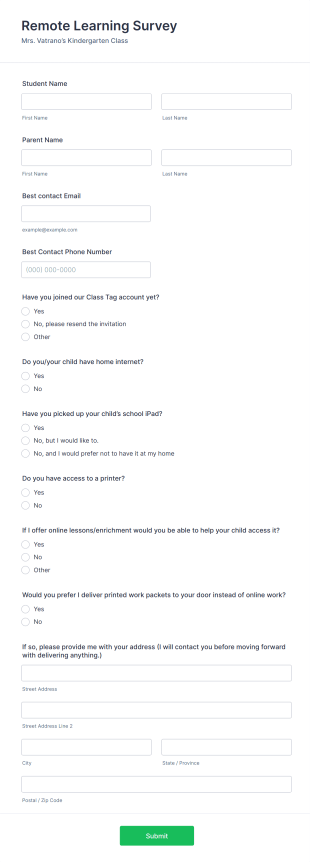 Remote Learning Survey For Kindergarten Kids Form Template