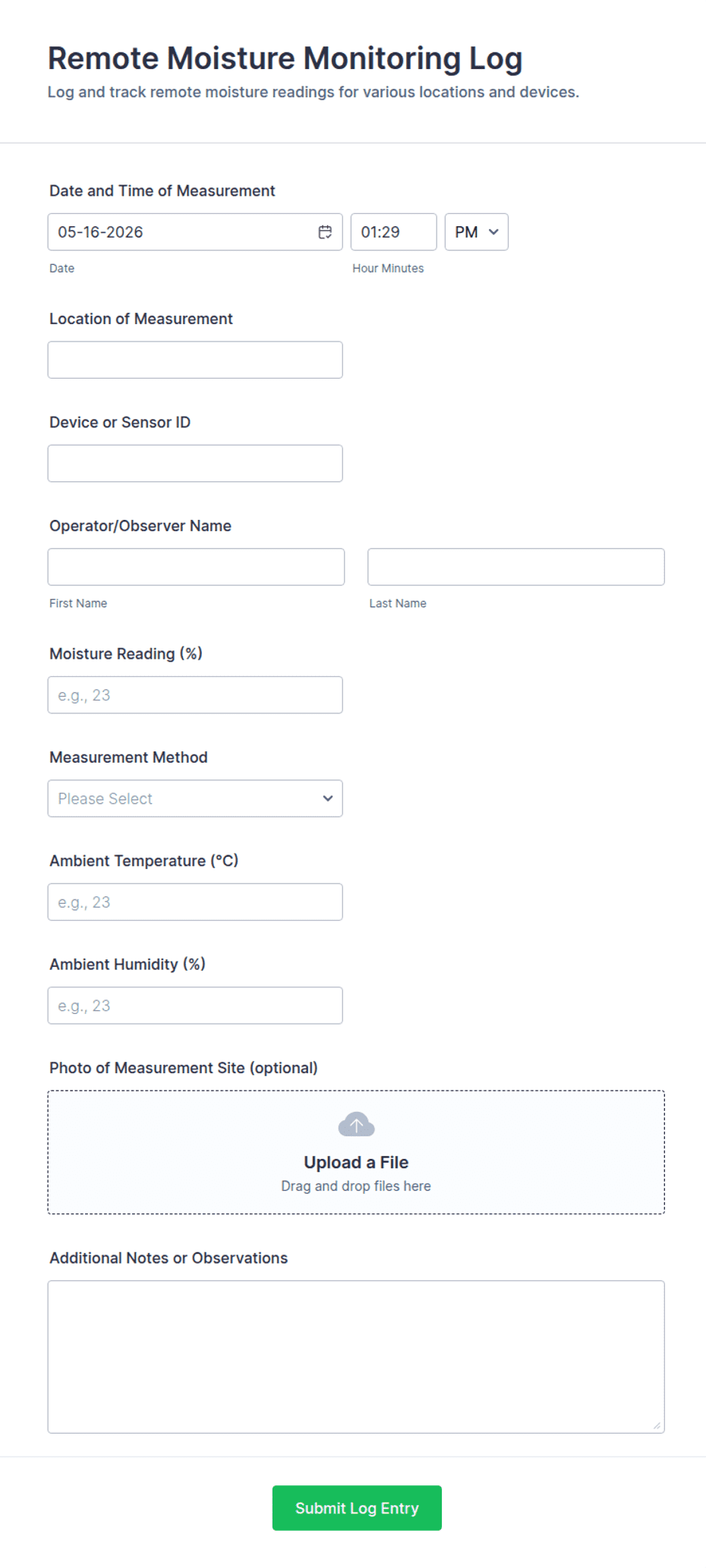 Form 6 Humidity Register Remote Moisture Monitoring Log Form Template | Jotform