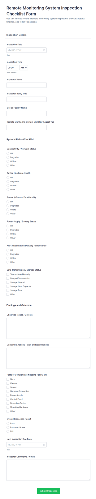 Remote Monitoring System Inspection Checklist Form Template