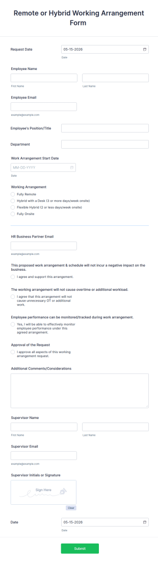 Remote Or Hybrid Working Arrangement Form Form Template