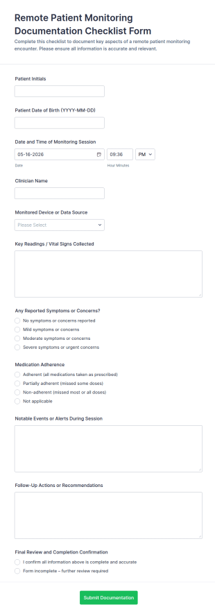 Remote Patient Monitoring Documentation Checklist Form Template