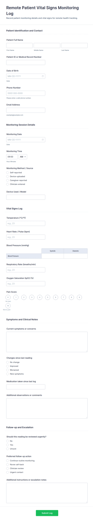 Remote Patient Vital Signs Monitoring Log Form Template