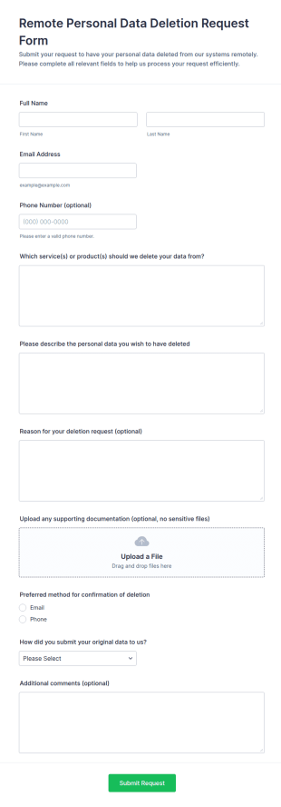 Remote Personal Data Deletion Request Form Template