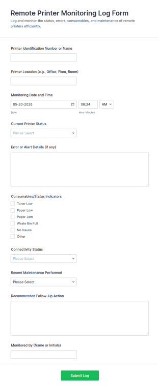 Remote Printer Monitoring Log Form Template