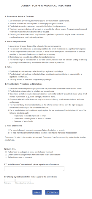 Psychological Treatment Consent Form Template