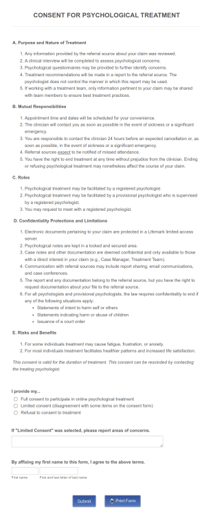 Psychological Treatment Consent Form Template