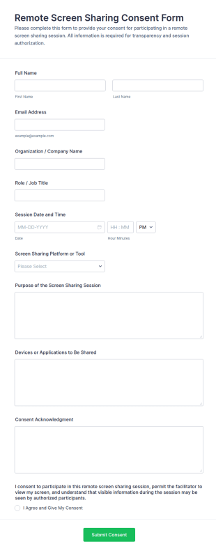 Remote Screen Sharing Consent Form Template