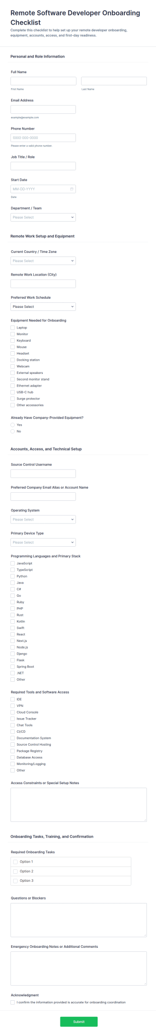 Remote Software Developer Onboarding Checklist Form Template