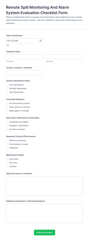 Remote Spill Monitoring And Alarm System Evaluation Checklist Form Template