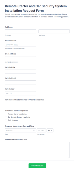 Remote Starter And Car Security System Installation Request Form Template