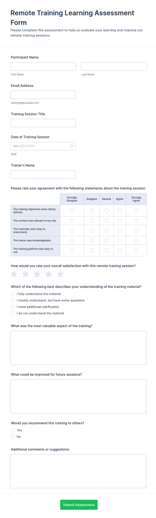 Remote Training Learning Assessment Form Template