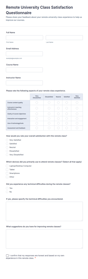 Remote University Class Satisfaction Questionnaire Form Template