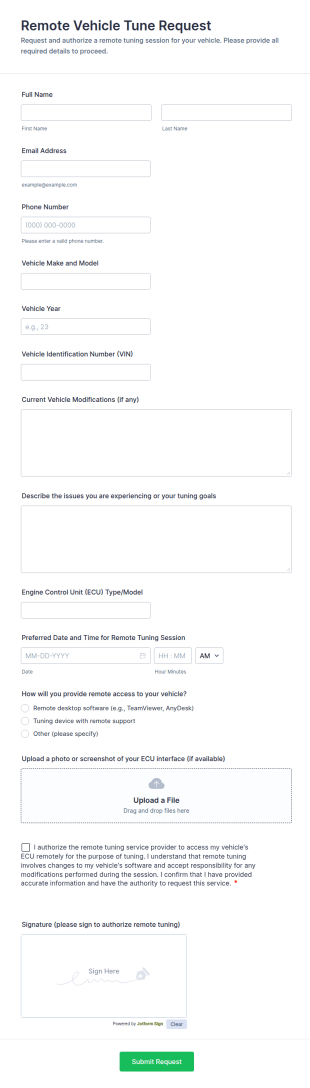 Remote Vehicle Tune Request Form Template