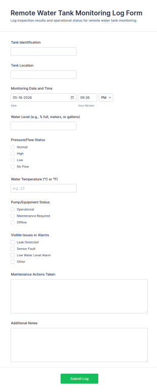 Remote Water Tank Monitoring Log Form Template