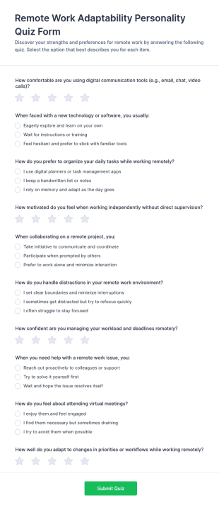 Remote Work Adaptability Personality Quiz Form Template