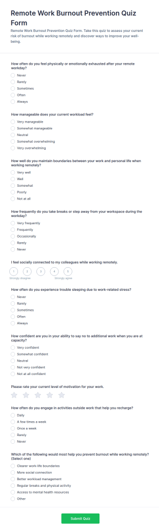 Remote Work Burnout Prevention Quiz Form Template