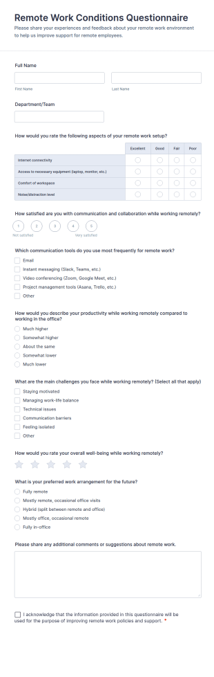 Remote Work Conditions Questionnaire Form Template