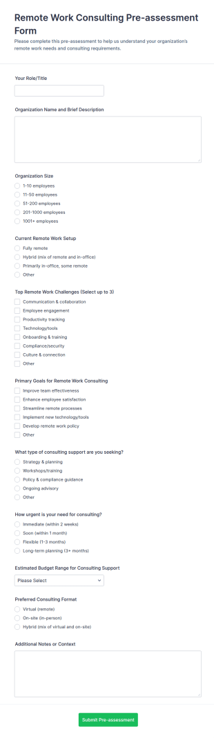 Remote Work Consulting Pre Assessment Form Template