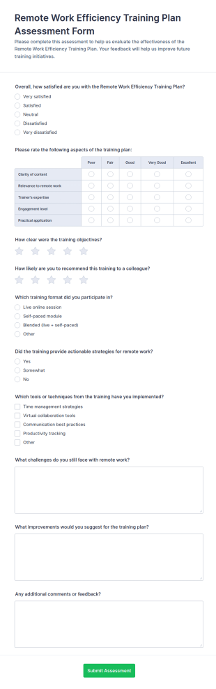Remote Work Efficiency Training Plan Assessment Form Template