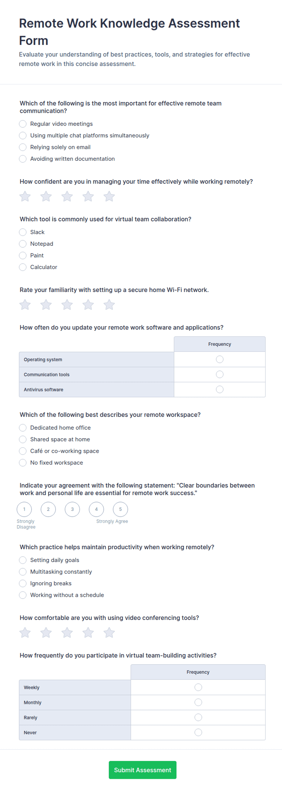 Remote Work Knowledge Assessment Form Template | Jotform