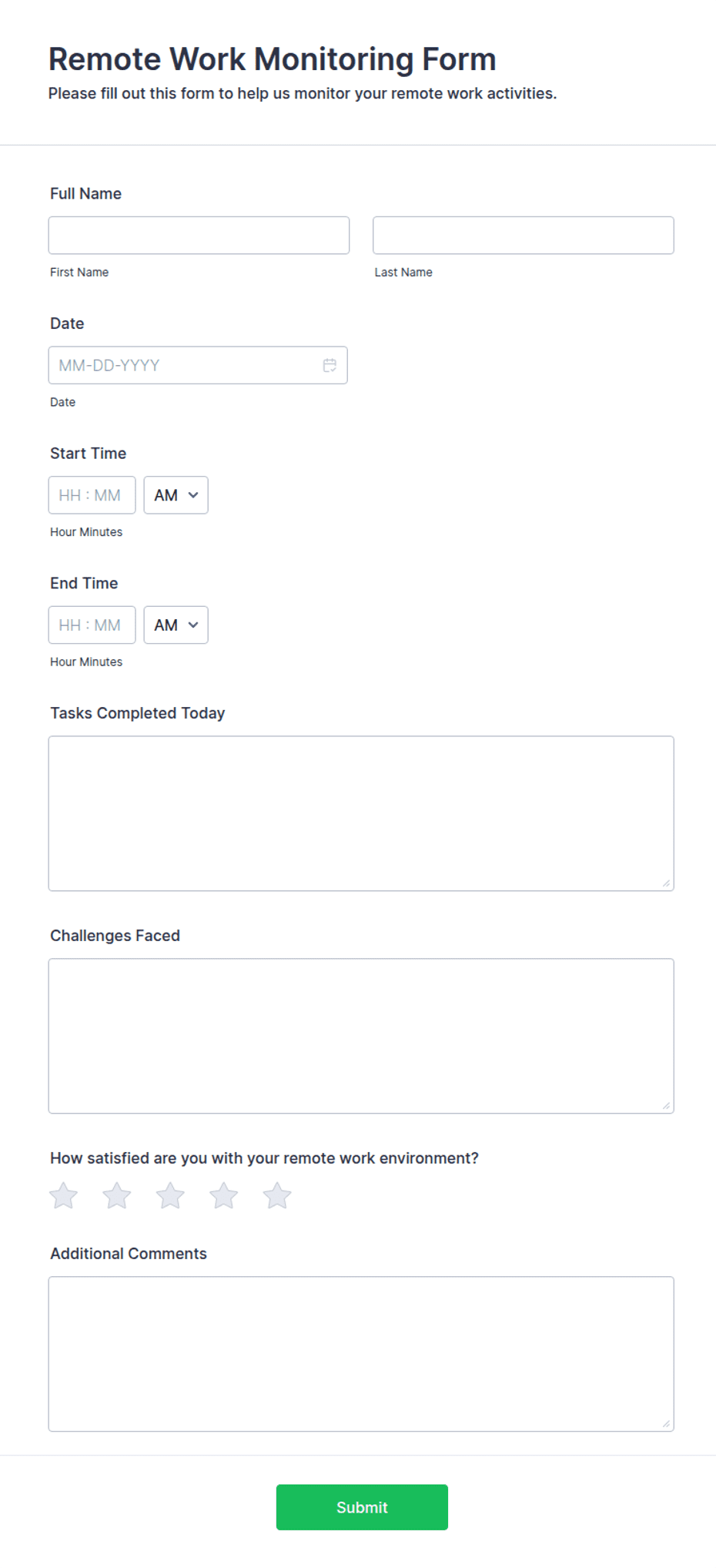 Remote Order Forms Remote Work Monitoring Form Template | Jotform