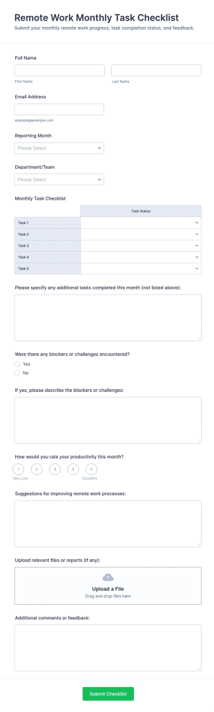 Remote Work Monthly Task Checklist Form Template