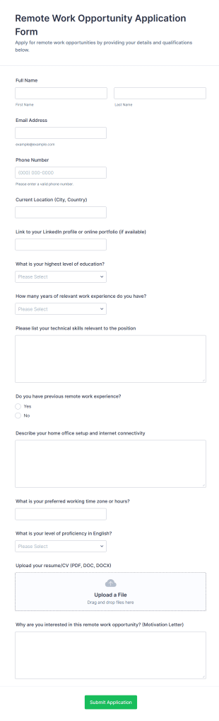 Remote Work Opportunity Application Form Template