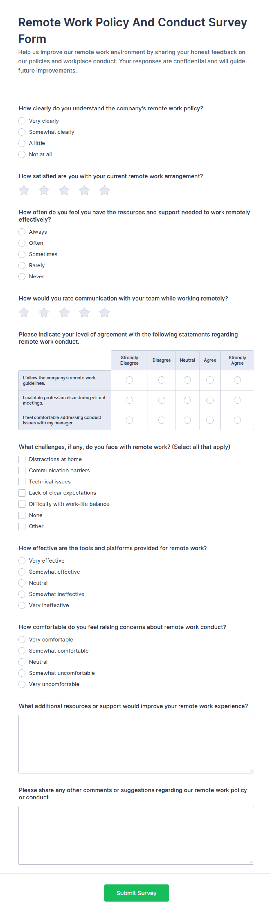 Remote Work Policy and Conduct Survey Form Template | Jotform
