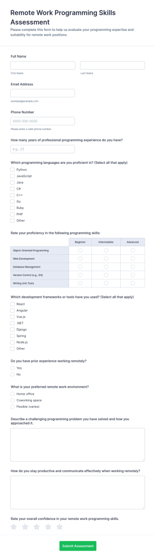 Remote Work Programming Skills Assessment Form Template