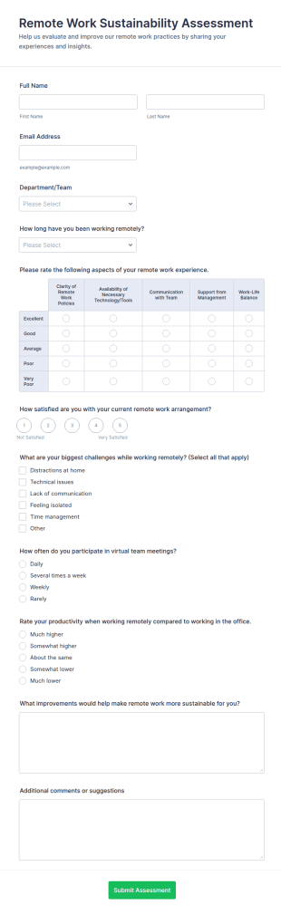 Remote Work Sustainability Assessment Form Template