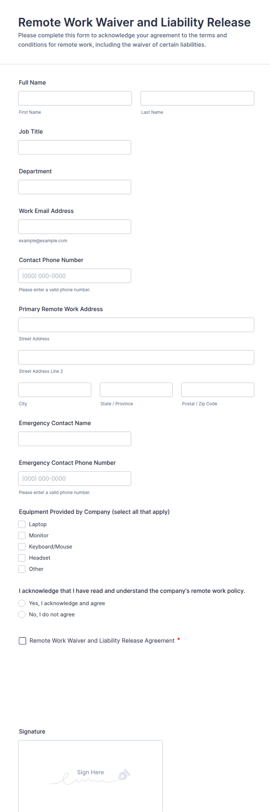 Remote Work Waiver and Liability Release Form Template | Jotform