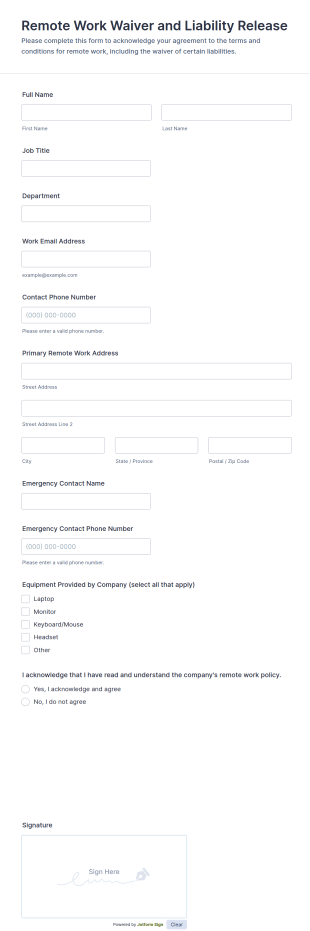 Remote Work Waiver And Liability Release Form Template