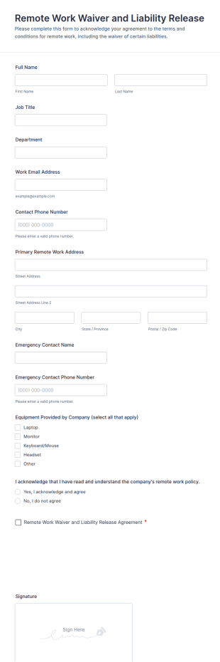 Remote Work Waiver And Liability Release Form Template