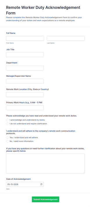 Remote Worker Duty Acknowledgement Form Template