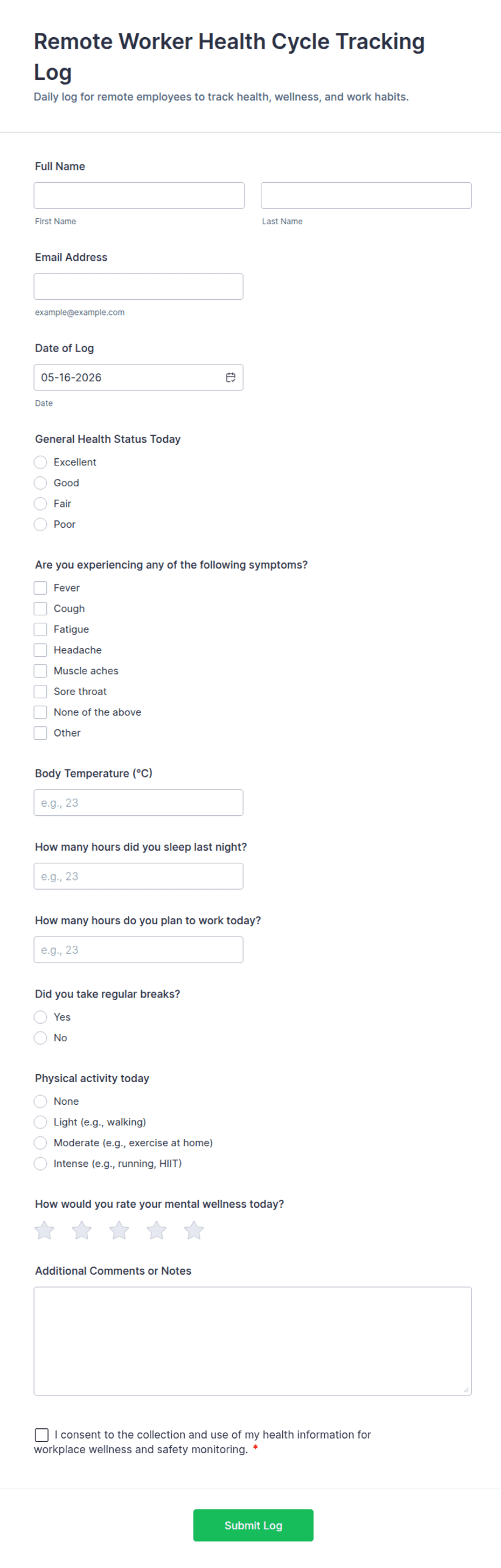Remote Worker Health Cycle Tracking Log Form Template | Jotform
