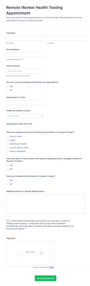 Remote Worker Health Testing Appointment Form Template