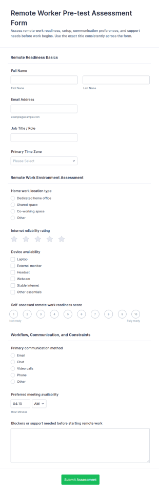 Remote Worker Pre Test Assessment Form Template