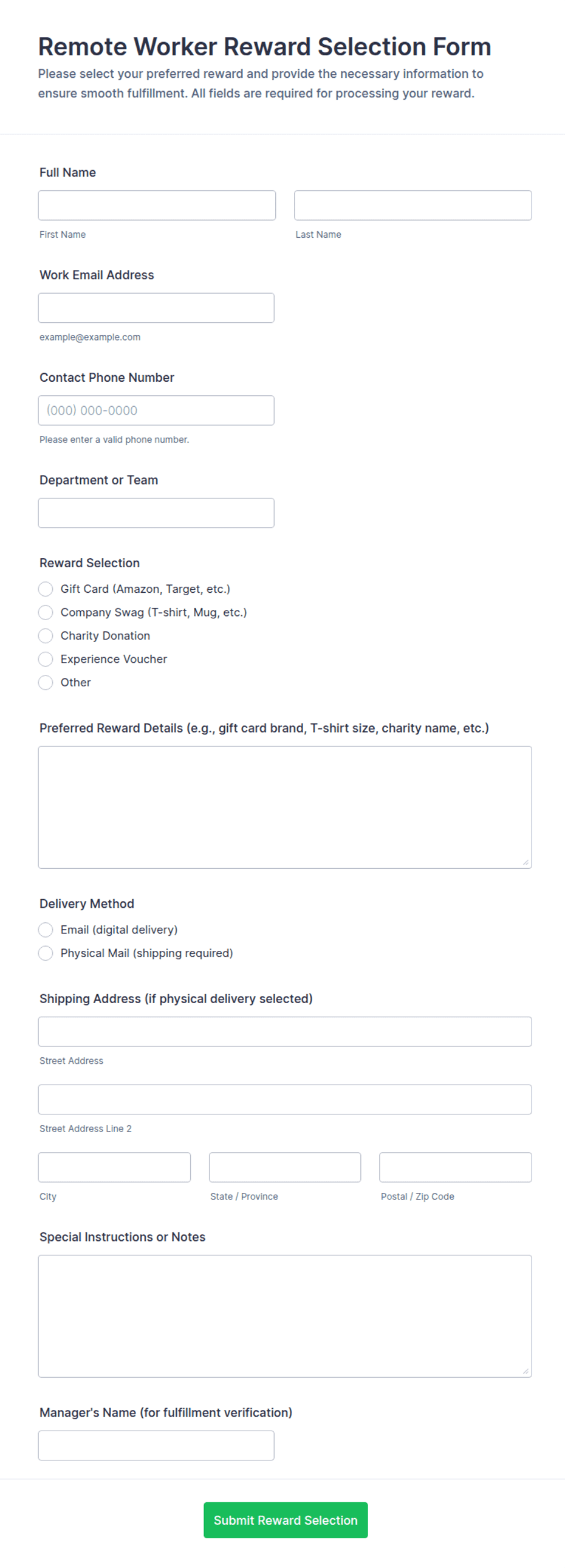 Remote Worker Reward Selection Form Template | Jotform